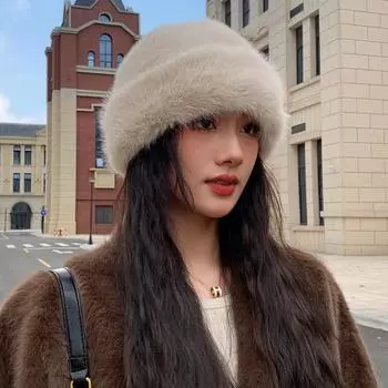 Шапка женская однотонная универсальная имитация норки монгольская шапка зимняя искусственный мех теплая панама толстая