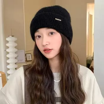 Шапка женская однотонная универсальная вязаная шерстяная шапка из кроличьей шерсти зимняя теплая большая окружность головы пуловер шапка
