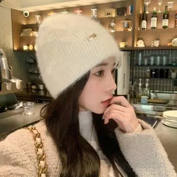 Шапка женская однотонная универсальная вязаная шерстяная шапка из кроличьей шерсти зимняя теплая шапка-пуловер толстая