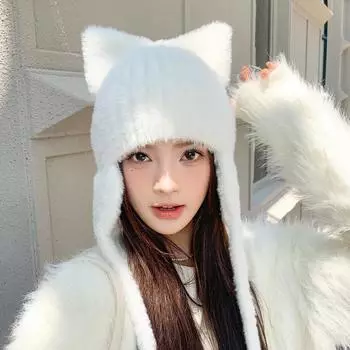 Шапка женская однотонная вязаная шерстяная шапка с милыми кошачьими ушками зимняя теплая шапка с ушками One Size