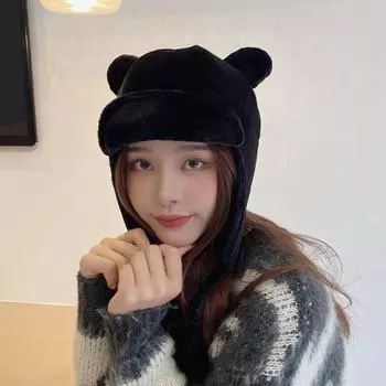 Шапка женская осенне-зимняя медвежьи уши шапка Баотоу универсальная интернет-знаменитость волосатое лицо маленькая защитная шапка Лэй Фэн M56-58cm хаки