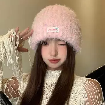 Шапка женская осенне-зимняя, новая, милая и симпатичная, большая окружность головы, шерстяная шапка, защита ушей, теплое лицо, маленькая вязаная холодная шапка average size (54-60cm) розовый