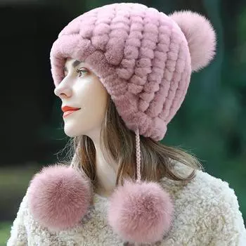 Шапка женская осенне-зимняя, новая модная теплая шапка из меха кролика рекс One Size ( 55-59cm)