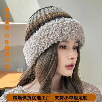 Шапка женская осенне-зимняя, новая, подходящая по цвету, плюшевая кромка, утолщенная вязаная шапка, универсальная цветная шерстяная шапка M56-58cm чёрный