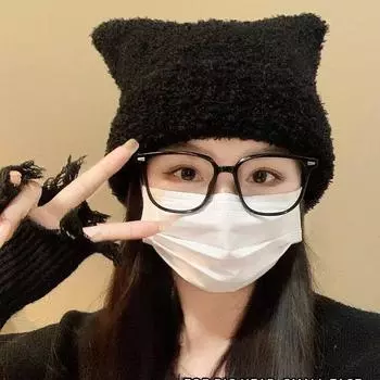 Шапка женская осенне-зимняя новая теплая вязаная шапка милые ушки защита ушей головной убор плюшевая шерстяная шапка M56-58cm чёрный