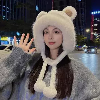 Шапка женская осенне-зимняя пушистая зимняя кроличья шерсть молниеносная шапка с мячом для защиты ушей теплая холодная утолщенная плюшевая ветрозащитная шапка one size белый