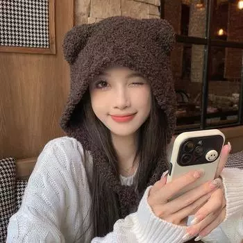Шапка женская осенне-зимняя шапка из шерсти медведя, милая теплая вязаная шапка с плюшевыми ушками медведя 55-60cm
