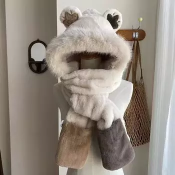 Шапка женская осенне-зимняя шапка шарф перчатки комплект из трех предметов плюшевая ветрозащитная наушник мультяшный медведь утолщенная термошапка бежевый