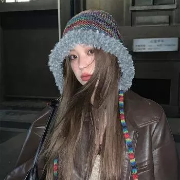 Шапка женская осенне-зимняя симпатичная цветная вязаная шапка шерстяная шапка с подкладкой теплая универсальная защита ушей шапка-обертка шапка Lei Feng