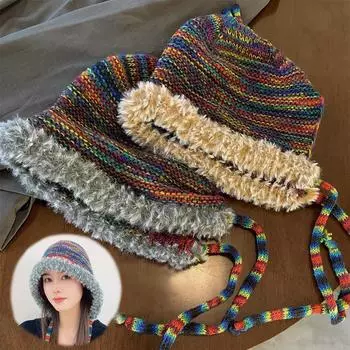 Шапка женская осенне-зимняя симпатичная цветная вязаная шапка шерстяная шапка с подкладкой теплая универсальная защита ушей шапка-обертка шапка Lei Feng