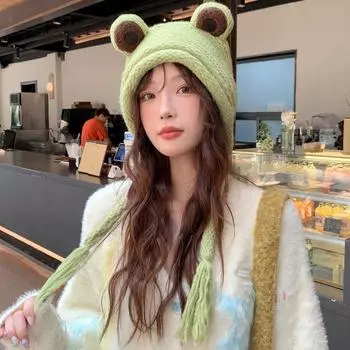 Шапка женская осенне-зимняя симпатичная пуловерная шапка-ушанка интернет знаменитость мультфильм наушники лягушка вязаная шерсть волосы с шапкой прилив M56-58cm зелёный