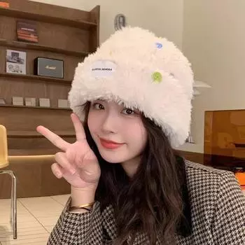 Шапка женская осенне-зимняя толстая теплая вязаная шапка цветная шерстяная шапка с пуговицами one size fits all чёрный