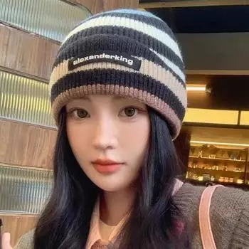 Шапка женская осенне-зимняя универсальная полосатая шерстяная шапка новая теплая вязаная шапка-пуловер показывающая маленькое лицо и большую окружность головы One Size