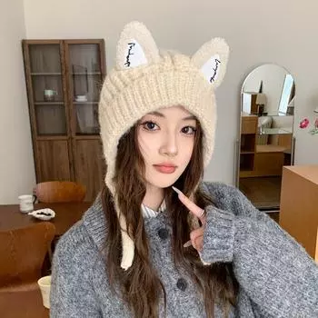 Шапка женская осенне-зимняя утепленная с защитой от ушей, теплая, с ушками котенка, вязаная шерстяная шапка-мешок на голову, универсальная и милая M56-58cm