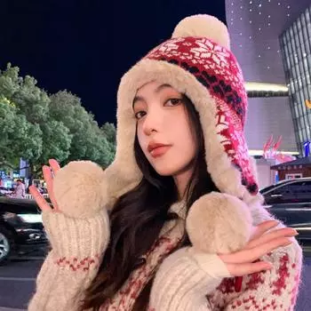 Шапка женская плюшевая меховая вязаная шерстяная шапка в национальном стиле зимняя теплая северо-восточная холодная шапка с ушками average size