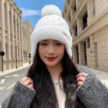 Шапка женская премиум кроличья шерсть металл стандартная вязаная шерстяная шапка однотонная универсальная зимняя теплая толстая защита для ушей One Size