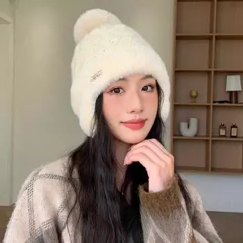 Шапка женская премиум кроличья шерсть металл стандартная вязаная шерстяная шапка однотонная универсальная зимняя теплая толстая защита для ушей One Size