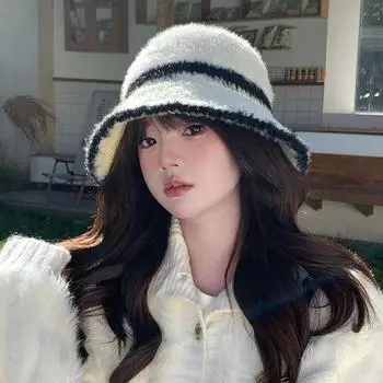 Шапка женская японская полосатая шляпа-ведро, подходящая по цвету, повседневная универсальная шляпа для лица, маленькая, для улицы, зимняя, теплая