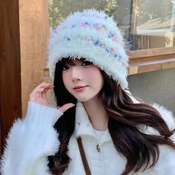 Шапка женская японская сладкая дофаминовая вязаная шерстяная шапка зимняя теплая плюшевая шапка