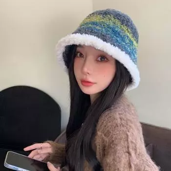 Шапка женская с постепенным изменением цвета, имитация ягненка, панама, допаминовая зимняя теплая плюшевая шапка-тазик