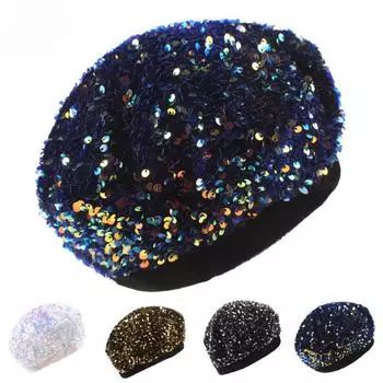 Шапка женская шапка с пайетками шапка модная теплая вязаная шапка шапка художника шапка с пайетками берет M56-58cm золотой