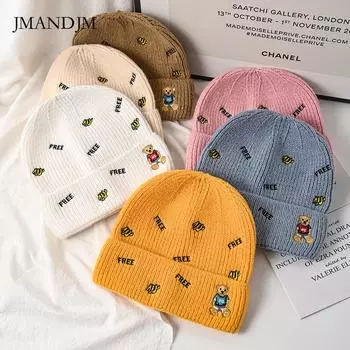 Шапка Женская шерстяная шапка на осень и зиму, универсальная, вышитая буква, вязаная, теплая, для верховой езды, с милым медведем красный