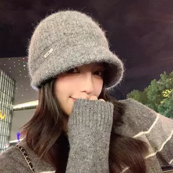 Шапка женская теплая вязаная шапка большая окружность головы кроличья шерсть шерстяная шапка однотонная универсальная толстая защита для ушей