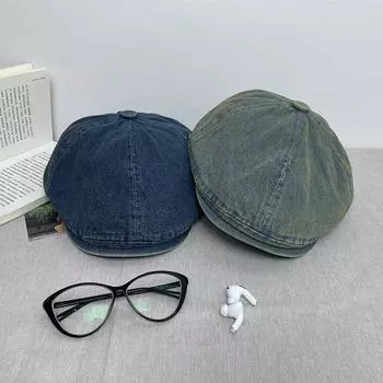 Шапка женская весна и осень стираный джинсовый берет британский винтаж универсальный восьмиугольный утиный язычок вперед кепка газетчика мужской One size (hat circumference 56-60cm)