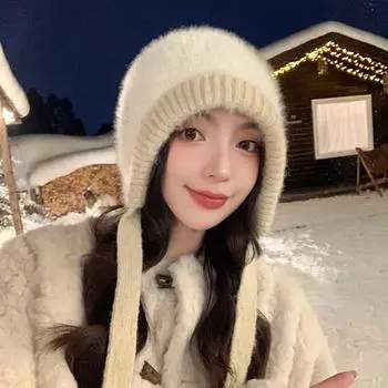 Шапка женская ветрозащитная теплая утолщенная вязаная шерстяная шапка модная универсальная повседневная большая голова протектор для ушей One Size