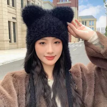 Шапка женская забавная ушка однотонная вязаная шерстяная шапка зимняя теплая плюшевая шапка-ушанка толстая average size
