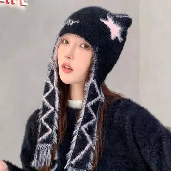 Шапка женская зимняя 2024 года, маленькая теплая вязаная шапка с защитой ушей, милая шапка из шерсти с изображением медведя и звезды M (56-58cm) Star W Jacquard Wool