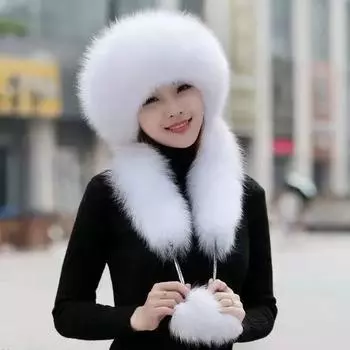 Шапка женская зимняя из искусственного меха лисья меховая шапка толстая теплая русская снежная шапка чёрный
