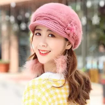 Шапка женская зимняя из меха кролика с утиным язычком, теплая защита ушей, вязаная шерстяная шапка, осенне-зимняя модная шапка для показа мод, маленькая женская шапка [Thickened] Elastic красный