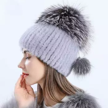 Шапка женская зимняя, корейская версия, теплая норковая шапка из цельной норковой кожи, зимняя универсальная модная милая меховая шапка для девочек 55-59cm чёрный