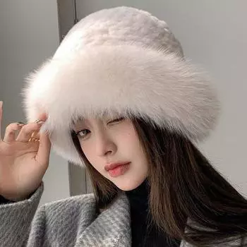 Шапка женская зимняя меховая меховая панама зимняя плюшевая кроличья меховая утолщенная теплая холодная шапка-ведро Average Size 54-58cm
