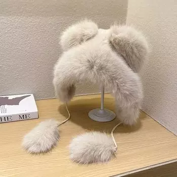 Шапка женская зимняя новая милая шапка с медвежьими ушками плюшевая шапка утолщенная теплая уличная защитная шапка для ушей слоновая кость