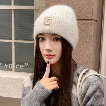 Шапка женская зимняя новая теплая вышитая буква кроличья меховая шапка модная универсальная вязаная шерстяная шапка Tide