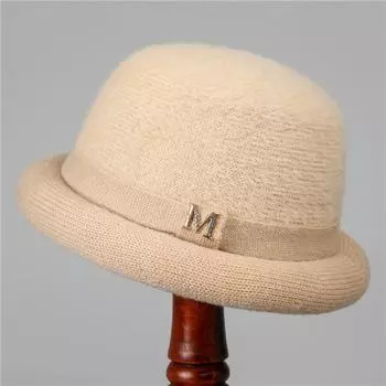 Шапка женская зимняя панама для бабушки, кашемировая теплая вязаная шляпа-цилиндр для пожилых мам среднего возраста, модная шерстяная шляпа-горшок M56-58cm серый