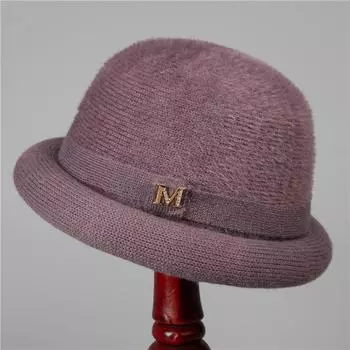 Шапка женская зимняя панама для бабушки, кашемировая теплая вязаная шляпа-цилиндр для пожилых мам среднего возраста, модная шерстяная шляпа-горшок M56-58cm бордовый