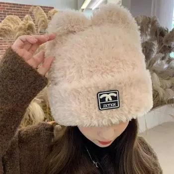 Шапка женская зимняя плюшевая теплая японская корейская версия милая холодная шапка большая окружность головы показать лицо маленькая зимняя вязаная шерстяная шапка one size is elastic