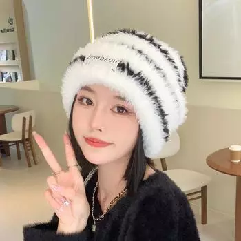 Шапка женская зимняя полосатая плюшевая вязаная шерстяная шапка теплая защитная крышка для ушей One Size бежевый