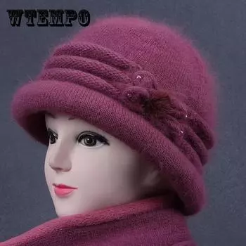 Шапка женская зимняя пожилая из кроличьего меха вязаная теплая шерстяная шляпа-чаша из плотного хлопка цилиндр one size вино красного