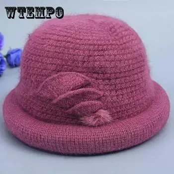Шапка женская зимняя пожилая из кроличьего меха вязаная теплая шерстяная шляпа-чаша из плотного хлопка цилиндр one size вино красного