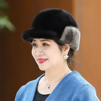 Шапка женская зимняя пожилая норковая шапка теплая старушка мама зимняя норковая шапка Adjustable(55-60cm)