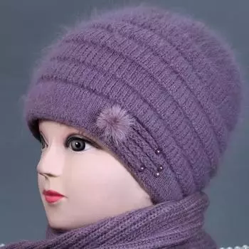 Шапка женская зимняя теплая и толстая бархатная шерстяная шапка с кроликом для старушек, шапка для матери one size розовый