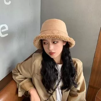 Шапка женская зимняя универсальная интернет знаменитость флисовая овечья шерсть шляпа-ведро осень и зима теплая плюшевая шапка-ведро One Size хаки