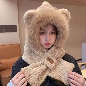 Шапка женская зимняя ветрозащитная утолщенная теплая плюшевая шапка с ушками велосипедная шапка шарф интегрированный комплект из двух предметов