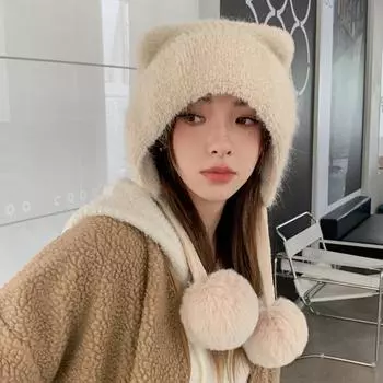 Шапка женская зимняя вязаная универсальная бархатная утолщенная велосипедная женская зимняя езда защита ушей медведь теплая шерстяная шапка женская