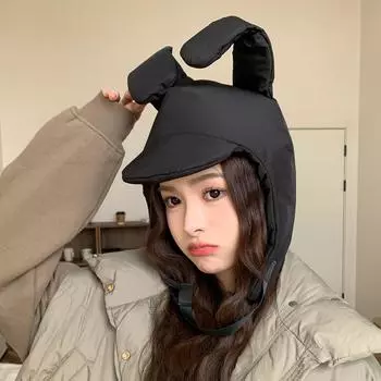 Шапка зимняя розовая с кроличьими складками на хлопковом пуху шапка Lei Feng женская теплая защитная шапка с изображением лица маленькая шапка-пуловер M56-58cm чёрный