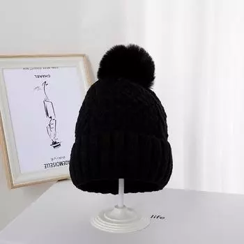 Шапка зимняя женская шерстяная зимняя большая шерстяная однотонная универсальная пара теплая плюшевая утолщенная для велоспорта One Size чёрный